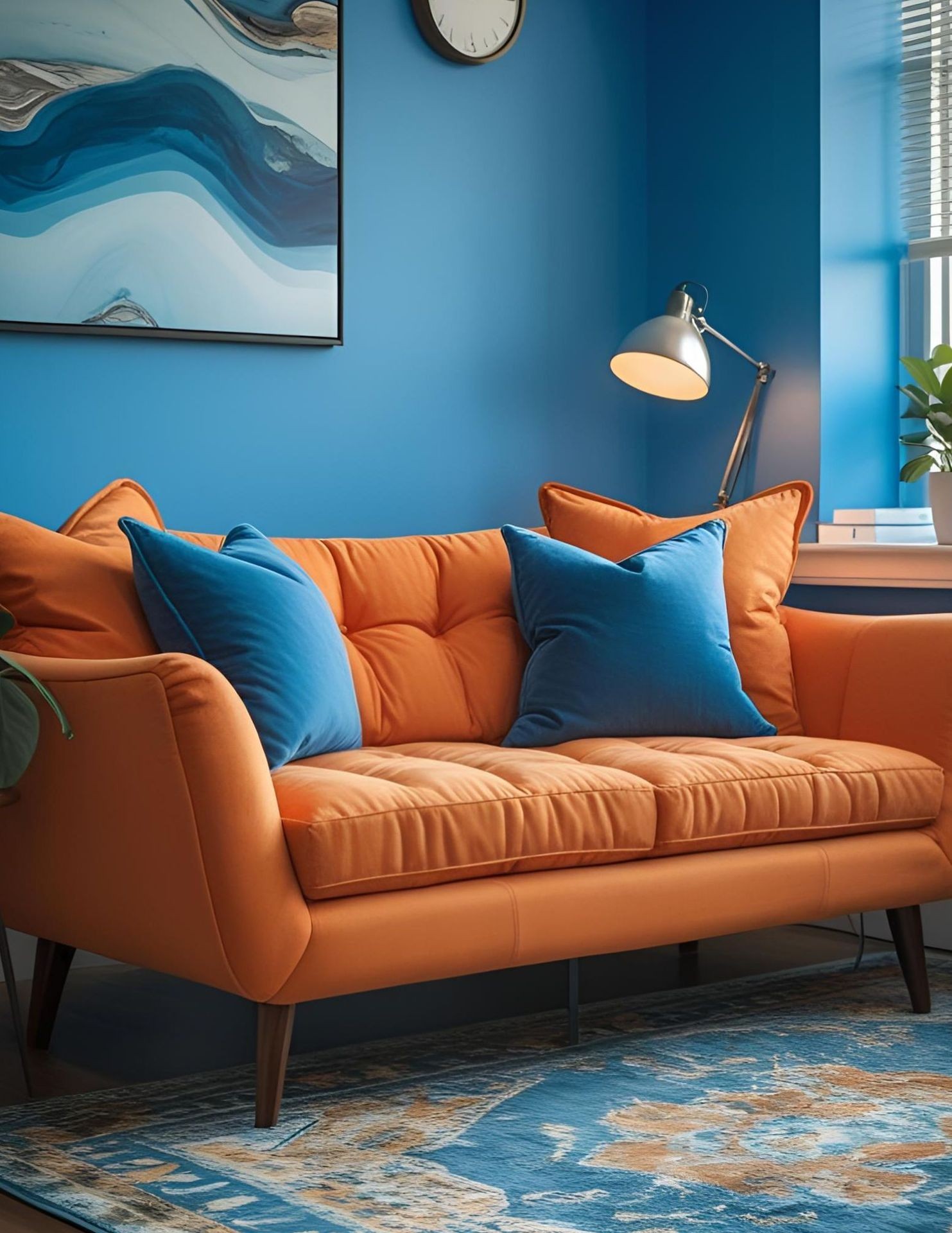 Blue room with an orange sofa, blue cushions, and a floor lamp next to a window.