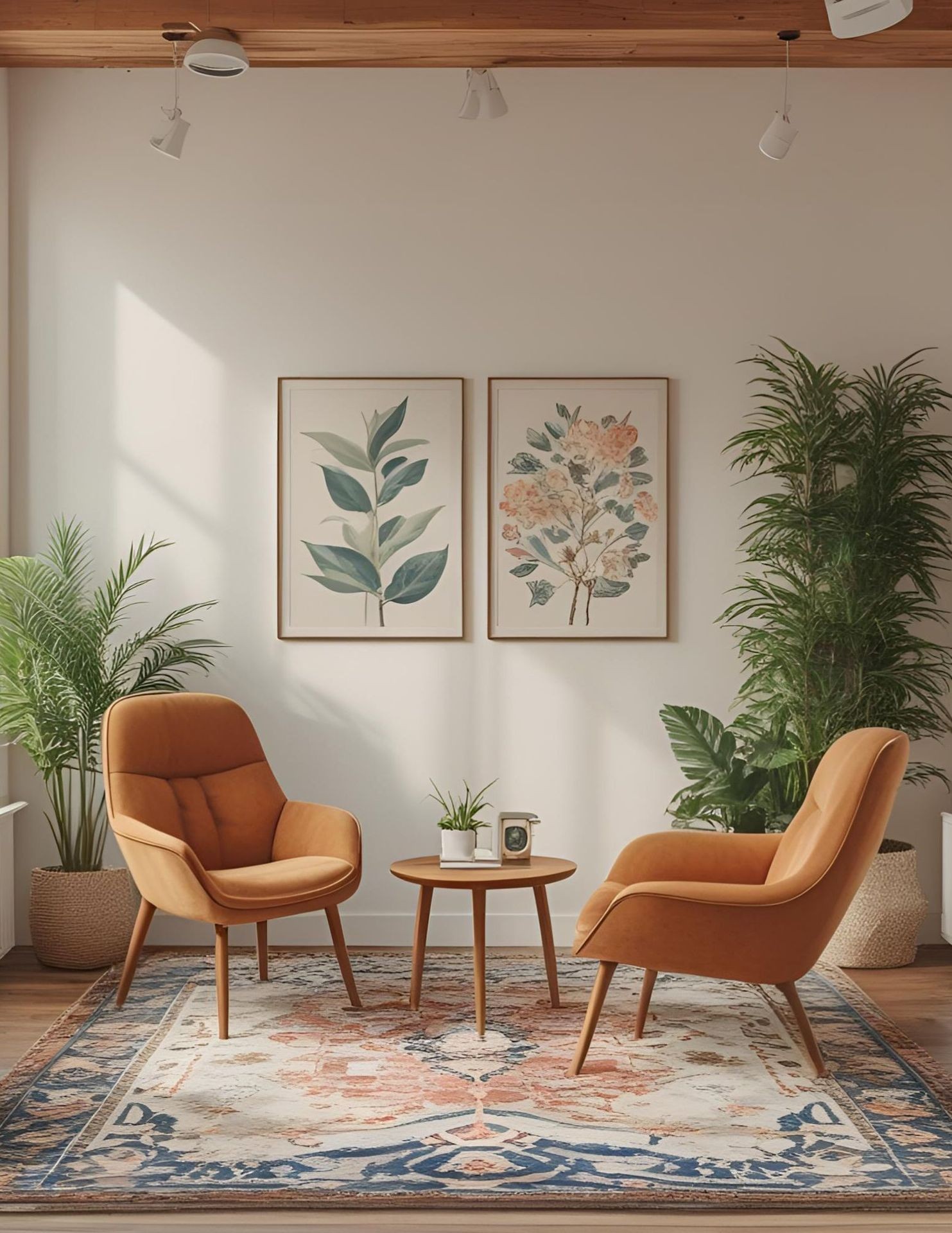 Modern living room with two orange chairs, small table, plants, and botanical wall art.